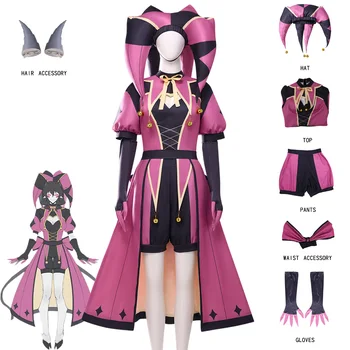 Costume Cosplay Columbina del Gioco The Freak Circus, Cappotto da Clown, Cappello, Sciarpa, Uniforme Rosa da Scherzardio, TICKET, Accessori Spaventosi per Halloween e Carnevale