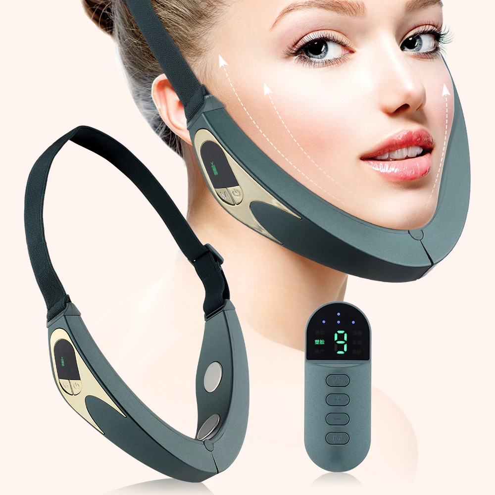 Facial slimming strap with remote control depicted alongside a model to demonstrate its intended use for tightening and lifting to achieve a V-line.