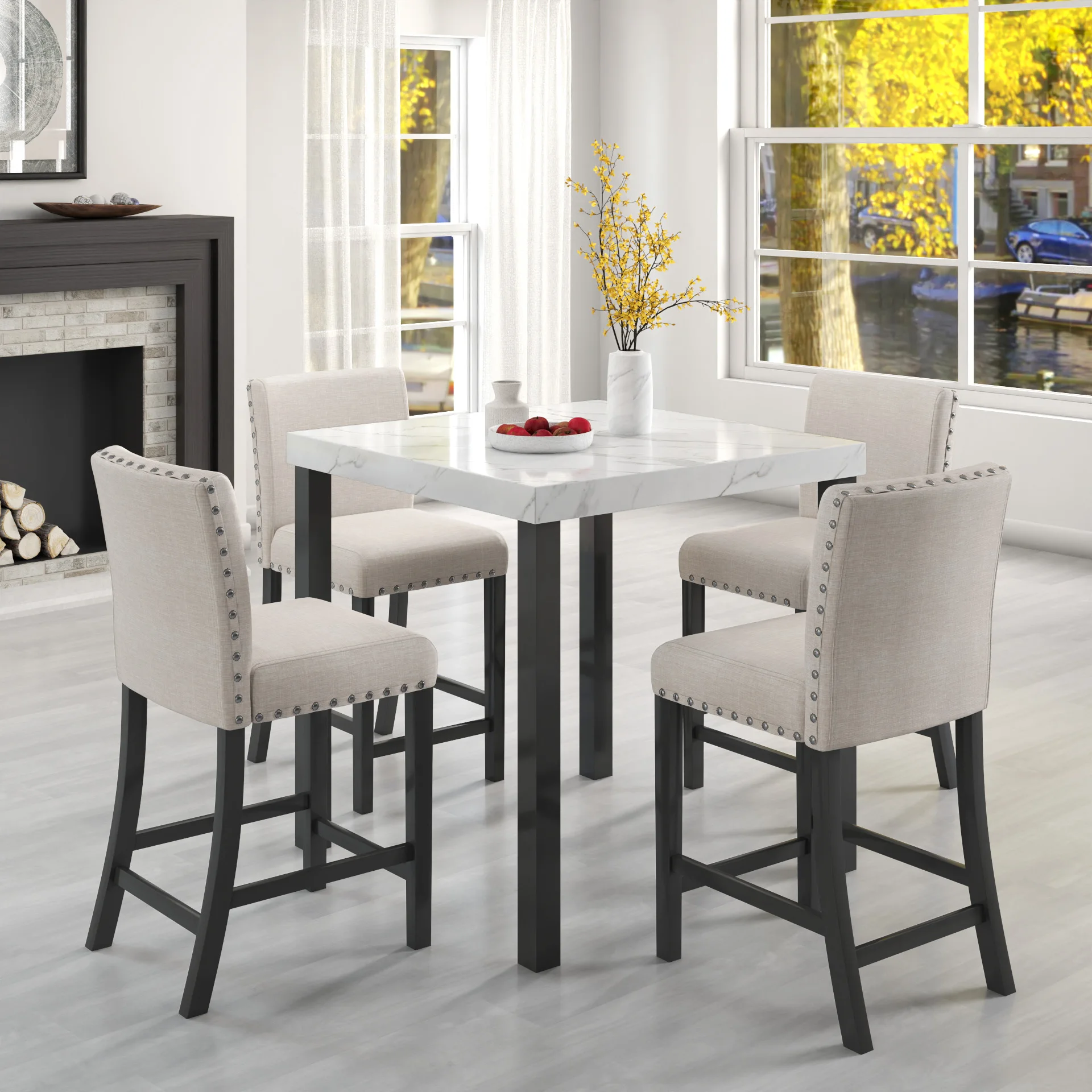 5-Piece Dining Set with Imitation Marble Tabletop, Solid Wood Table & 4 Chairs | Space-Saving Set for Kitchen & Dining Room