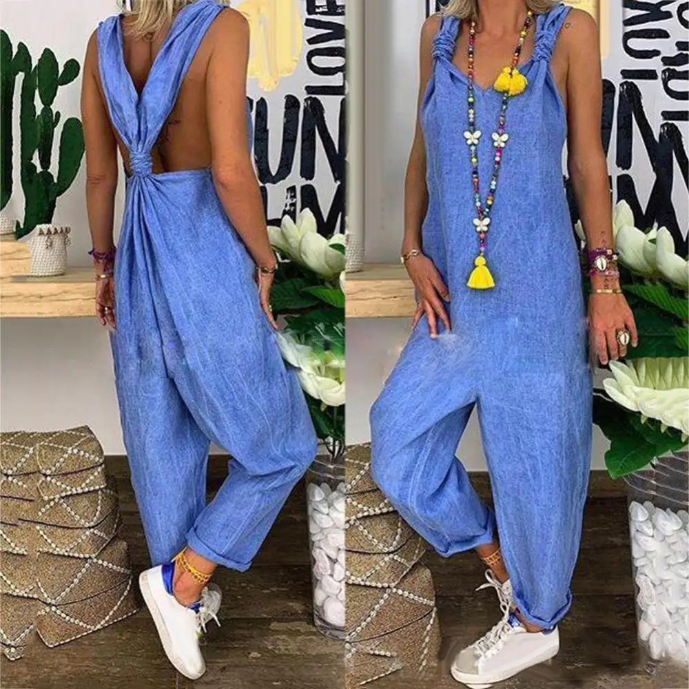 

Solid Color Dungarees Backless Overall Women Jumpsuit Sleeveless Bib Knotted Dungarees