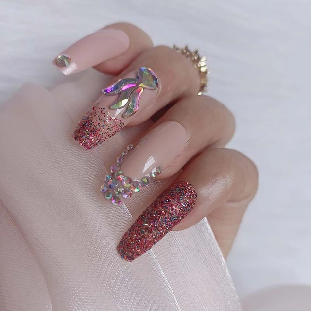 24pcs Latest Luxury Jewelry Ballet Coffin Fake Nails Crystal Diamond Red -  False Nails - AliExpress