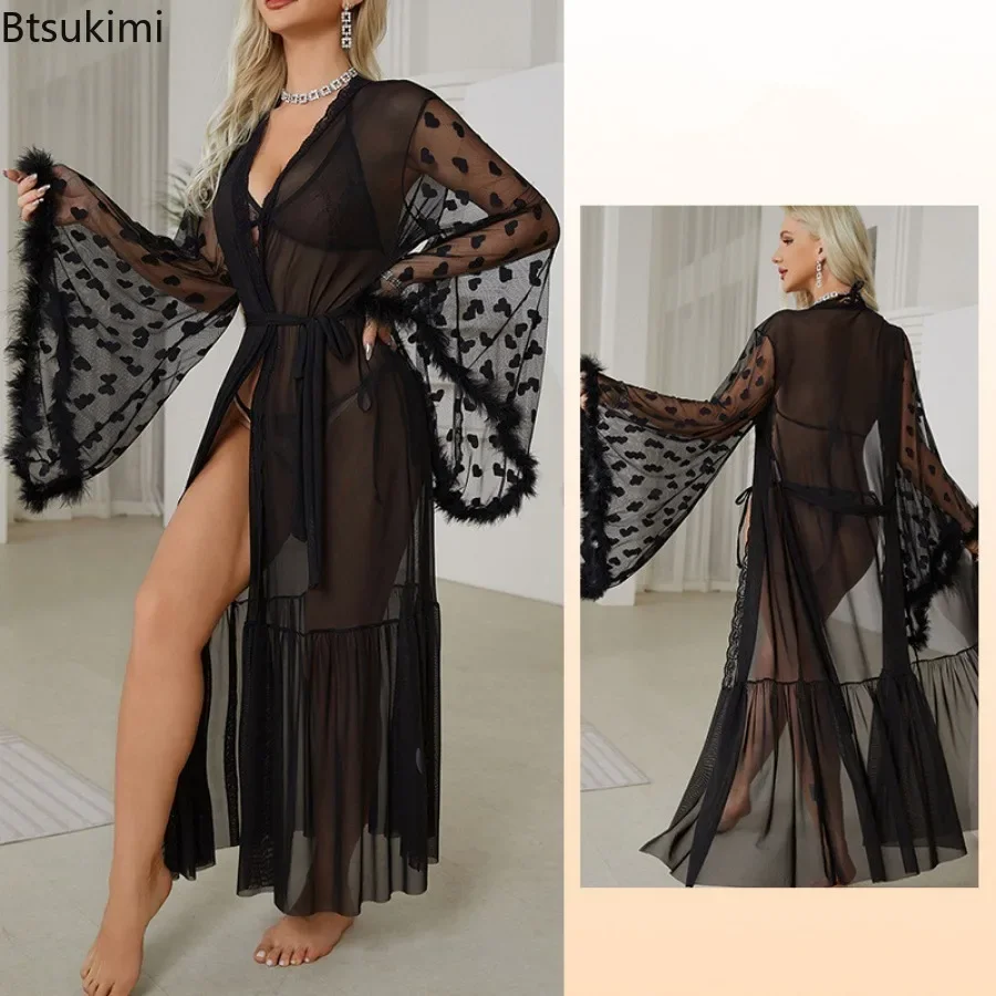 Women's Sexy Mesh Nightgowns Lace Sheer Bathrobes with Belt Long Kimono Nightwear Feather Trim Flare Sleeve Lingerie Robe Femme