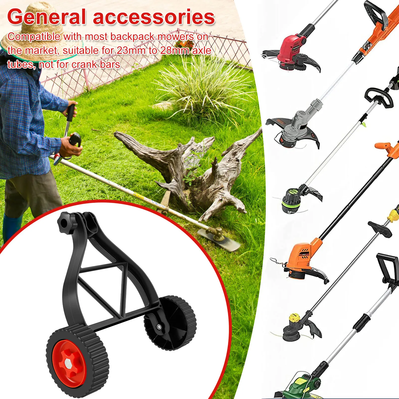 Universal String Trimmer Support Wheel Portable Adjustable Lawn Mower Auxiliary Wheels for Weed Trimmer Wheel 23mm-28mm