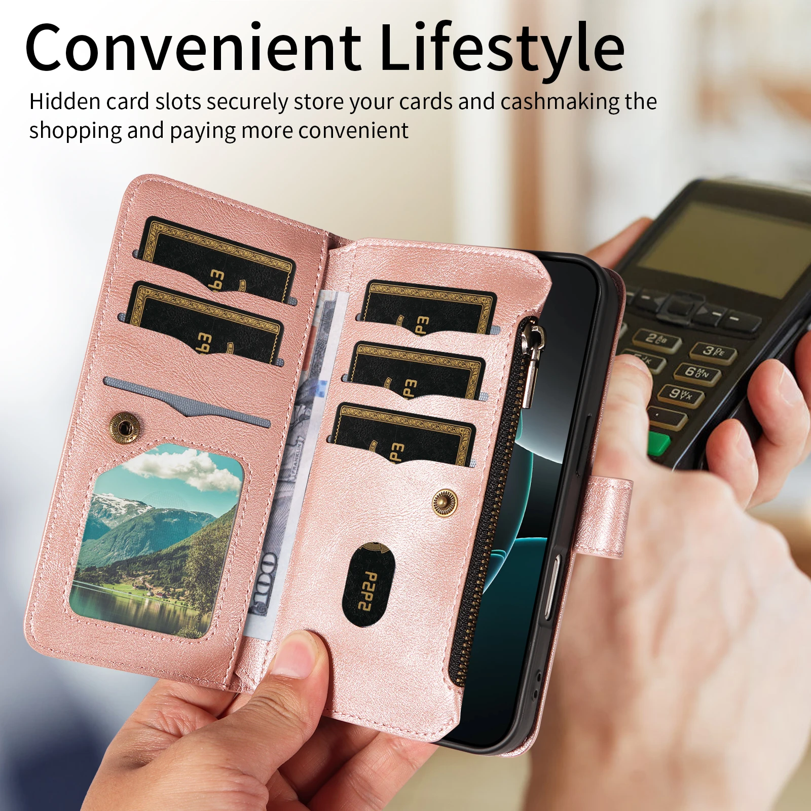 Leather Flip Phone Case - Card Holder Wallet with Zipper and Embossed Design