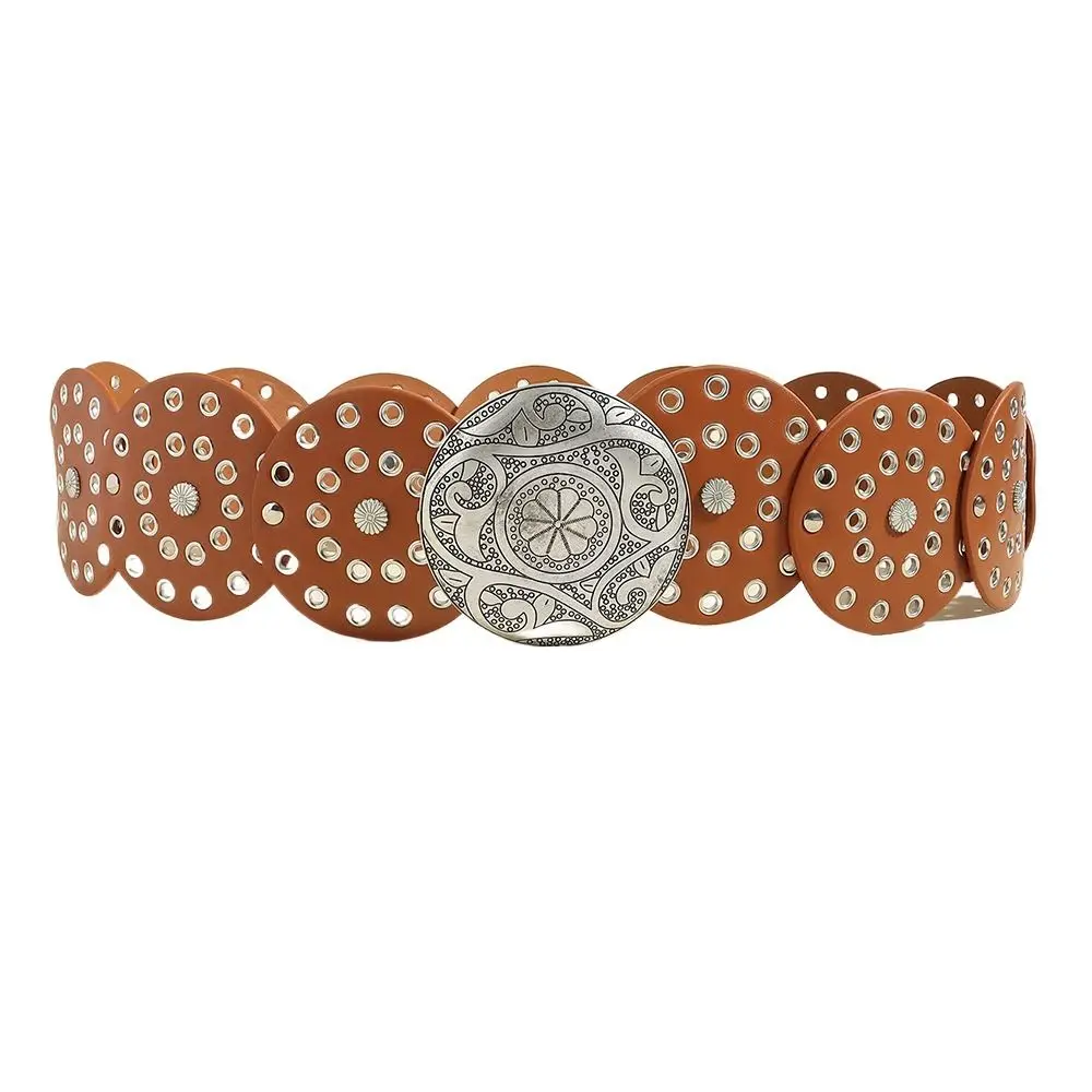 Cintura cava rotonda Vintage PU Disc cinture larghe fibbia in metallo Cowboy stile occidentale esagerato per le donne regolabili  200000297