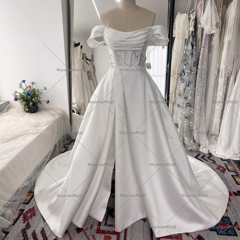 Mryarce Abnehmbare schulterfreie Ärmel Mikado A-Linie Brautkleid Brautkleider mit offenem Bein und Taschen – Detail 15