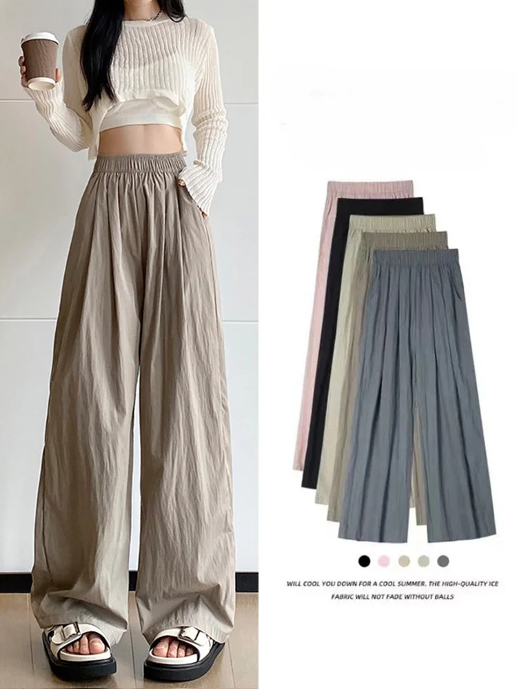 Women Loose Candy Pants Spring Summer Casual Elastic Waist Stright Long Wide leg Loose Basic pants Female Pants Trousers