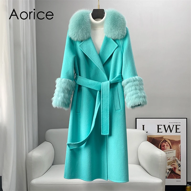 

Aorice Women Winter Wool Blends Coat Jacket New Femail Girl Long Real Fox Fur Coats Parka Trench CT277