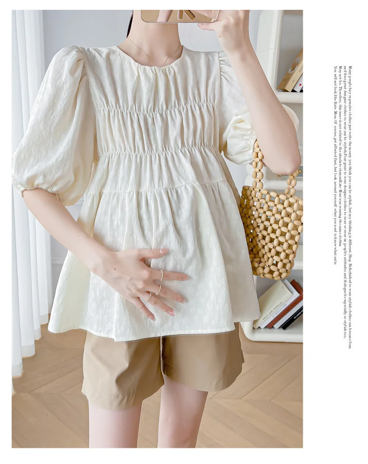 Pregnant Women Summer Loose Short Sets Fashion Jacquard Pleated Doll Shirts Belly Shorts Twinset Plus Size Maternity Clothes Set