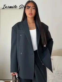 Chic Line Solid Blazer Women Loose Lapel Full Sleeve Double Breasted Coat 2025 Autumn Lady Casual Street Outwear New 2026 Spring 1