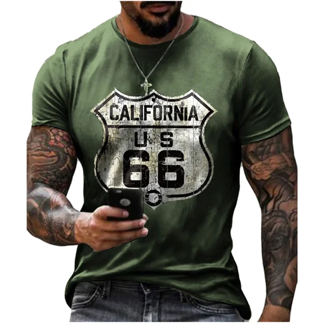 Summer New Men's Retro T-shirt US Route 66 Letter Print Short-Sleeved Oversized Loose y2k Clothes O Neck Top Streetwear 6xl S1015