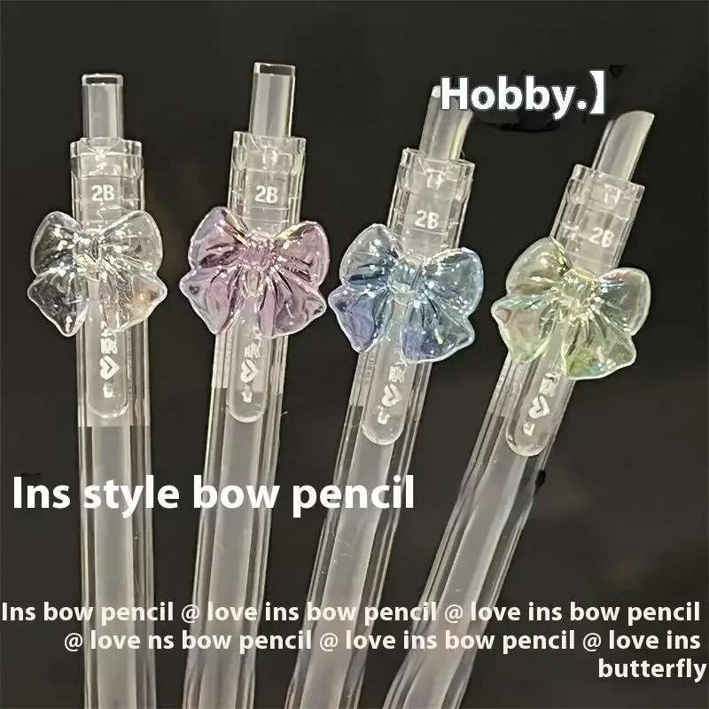 Kawaii Transparent Bowknot Mechanical Pencil with 2B Refills – Cute Stationery Set, 1/4 Pack