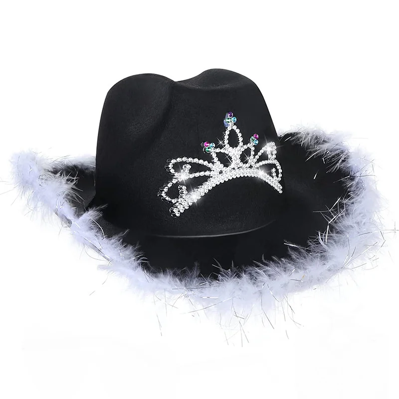 Rosa Krone westlichen Cowgirl Hut Frauen Mädchen Tiara Feder Filz Pailletten Cowboy Cap Kostüm Party Jazz Caps Halloween Cosplay Requisiten – Detail 13