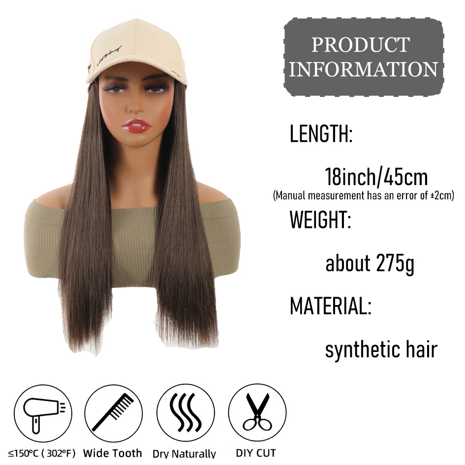 Allaosify Synthetic hair Women's 18-inch light beige letter embroidered baseball cap Long straight hair wig