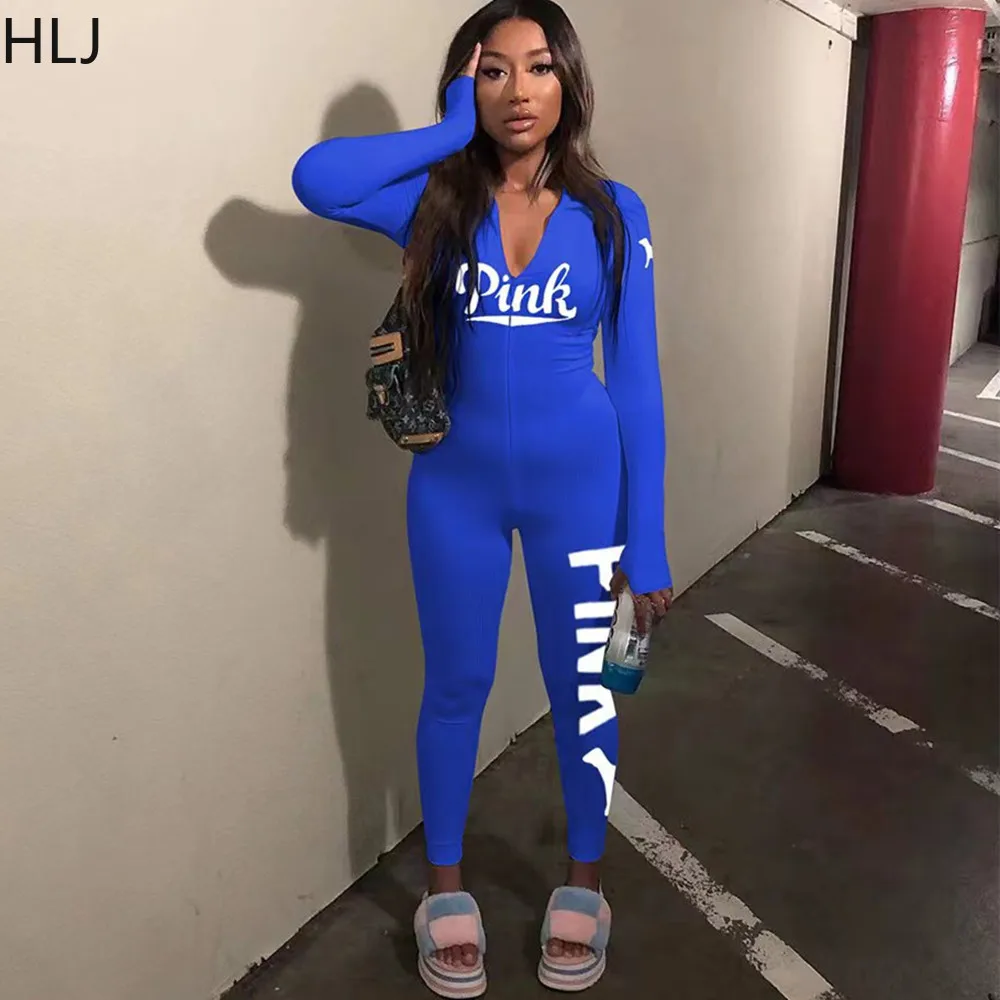 HLJ Casual PINK Letter Printing Bodycon Jumpsuits Women Zipper Long Sleeve Slim One Piece Rompers Female Skinny Pants Overalls