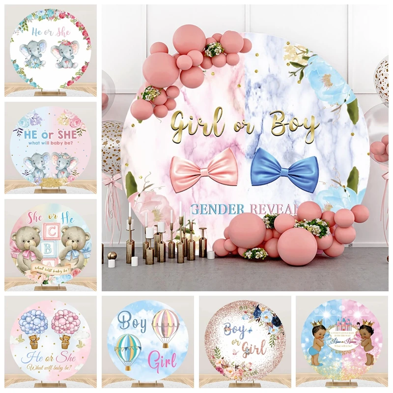 

Newborn Gender Reveal Party Backdrop Boy Or Girl Photocall Baby Shower Round Photography Background Decor Photo Studio Props