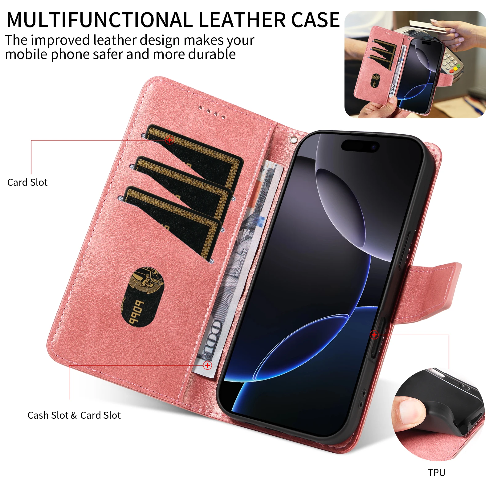Leather Wallet Phone Case with Card Holder and Magnetic Closure