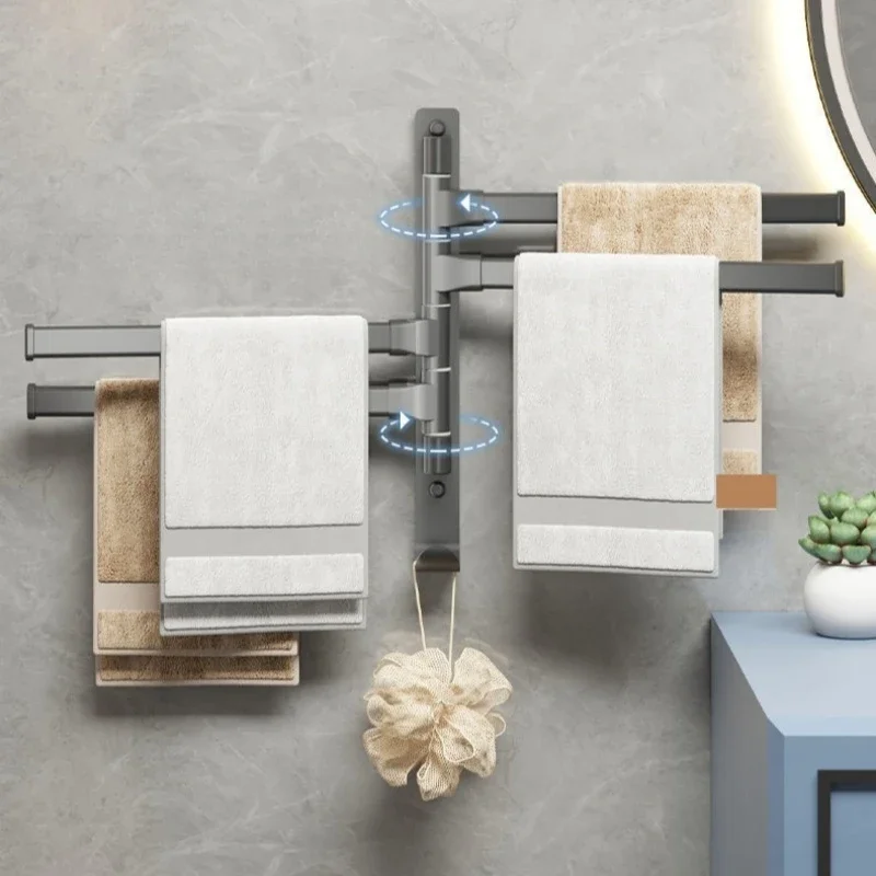 Rotary Towel Holder Gun Grey Punch Free Space Aluminum Toilet Wall Hanging Shelf Multi Bar Bathroom Shelf Towel Bar