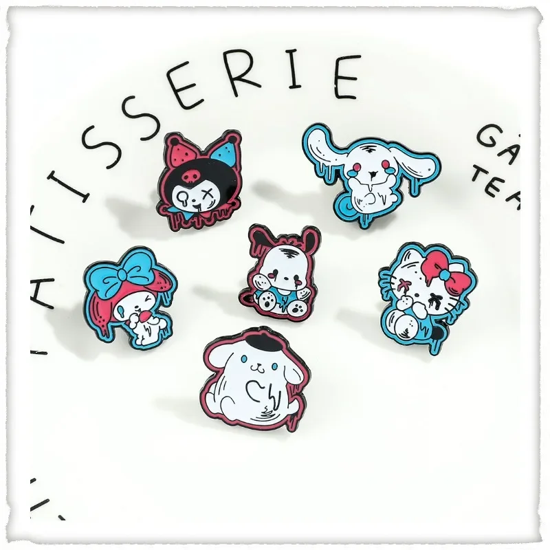 

Creative Cartoon Hello Kitty Sanrio Metal Brooch Dark Halloween Style Funny Shabby Kuromi Cinnamon Dog KT Cat Badge Holiday Gift