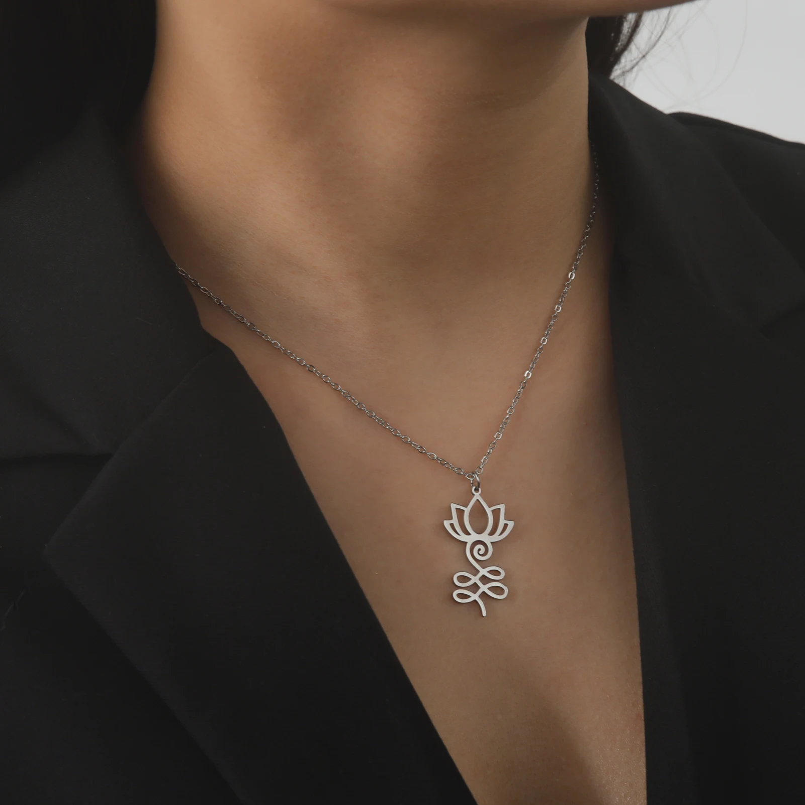 Skyrim Lotus Flower Yoga Om Unalome Pendant Necklace Stainless