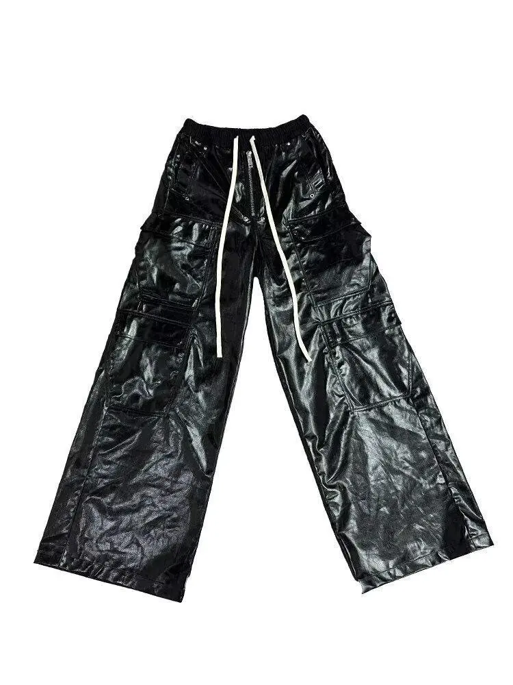Men Cargo Pants Cool Black Shiny Reflective Pu Leather Wide Leg Pants for Men Drawstring Waist Casual Loose Gothic Men's Trouser