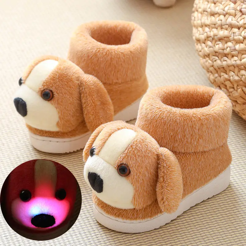 2022 New Winter Kids Adults Cotton Slippers Girls Plush Shoes Boys Cute Cartoon Dog Home Cotton Shoes Kids Glitter Glow Slippers