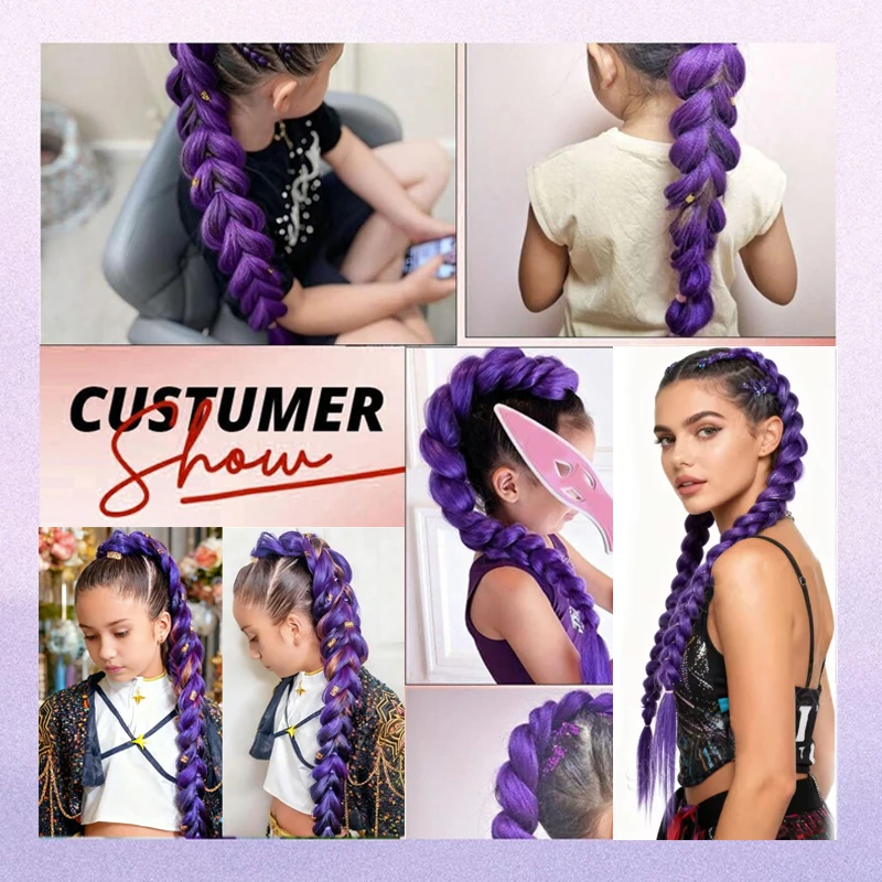 LUPU 32inch Purple Synthetic Braided Wig With Elastic Band and Shiny Colored Tinsel Ponytail, Suitable for Girls'  Hairstyle