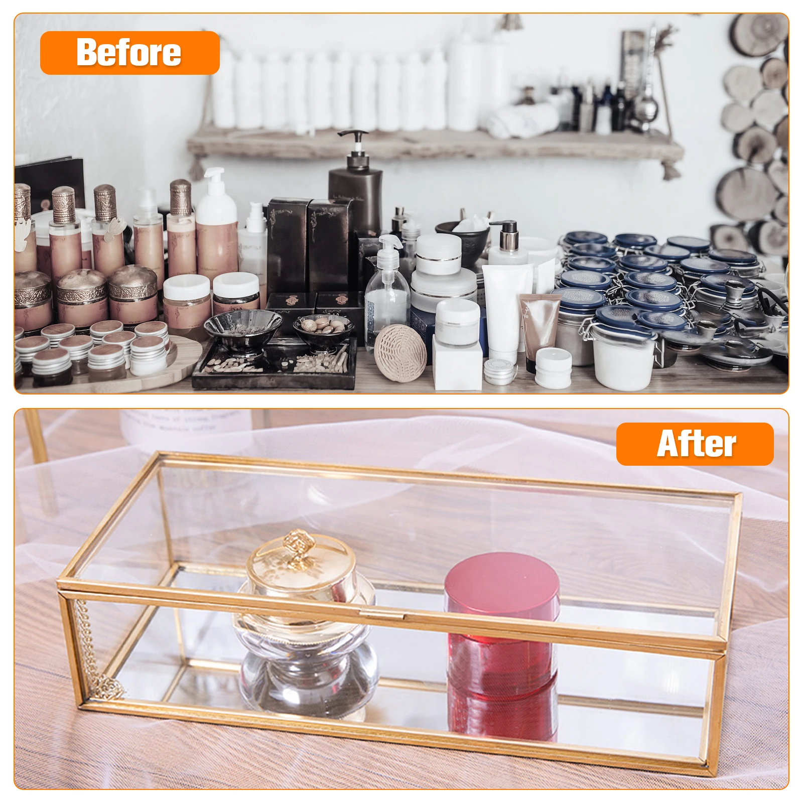 Glass Jewelry Box Vintage Jewelry Organizer Box with Hinged Lid and Mirrored Bottom Transparent Desktop Decorative Golden