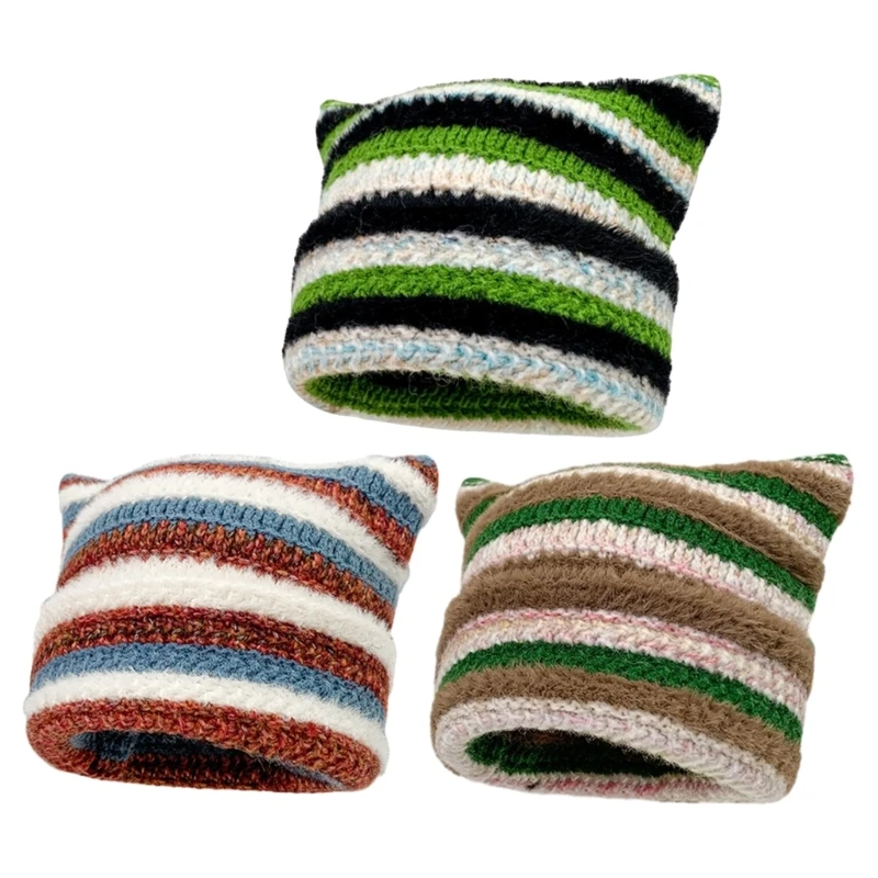 

Trendy Contrasting Striped Knit Hat for Women Harajuku Ear Beanie Versatile for Outdoor Activities