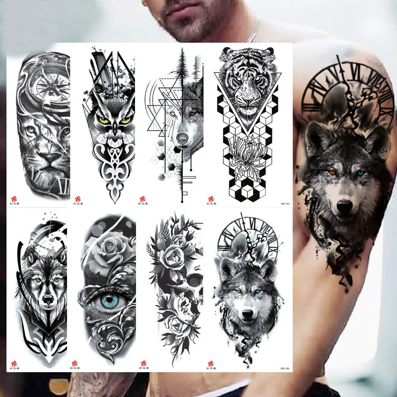 Small Full Arm Waterproof Temporary Tattoo Sticker Wolf Head Tiger Head Flower Tattoo Body Art Sticker Arm Men And Women Aliexpress