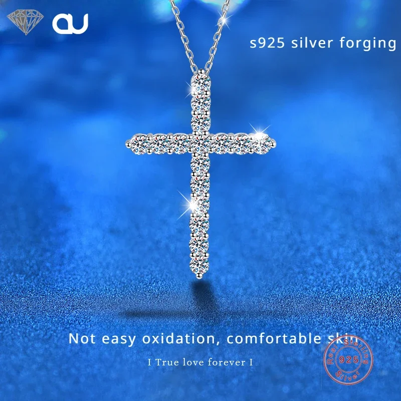

Full Moissanite Cross Pendant Necklace Original 925 Sterling Sliver Chain Plated 18k White Gold Fine Necklace for Women Jewelry