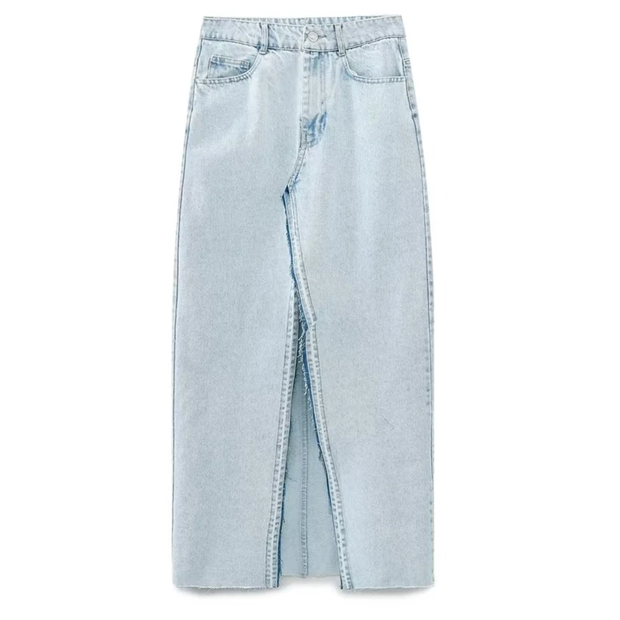 Withered Ladies High Street Fashion Women's Denim Skirt High Waist Washed Old Slit Midi Skirt