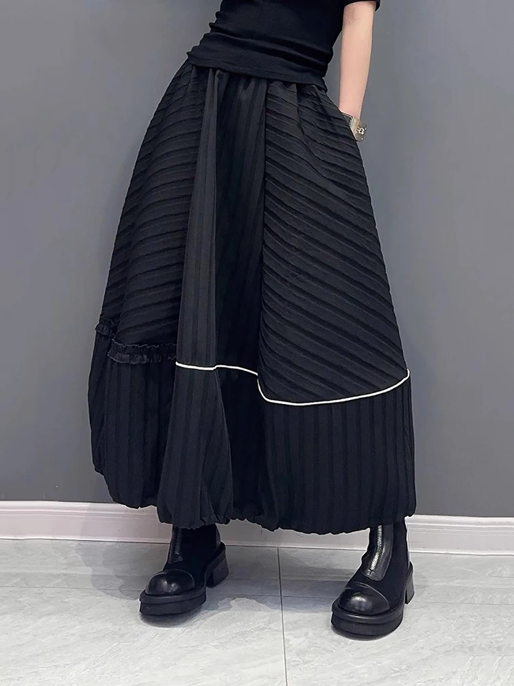 

XITAO Female Casual Black Skirt Striped Asymmetrical Splicing Loose Fashion Women Spring New Simplicity All-match Skirt LYD1545