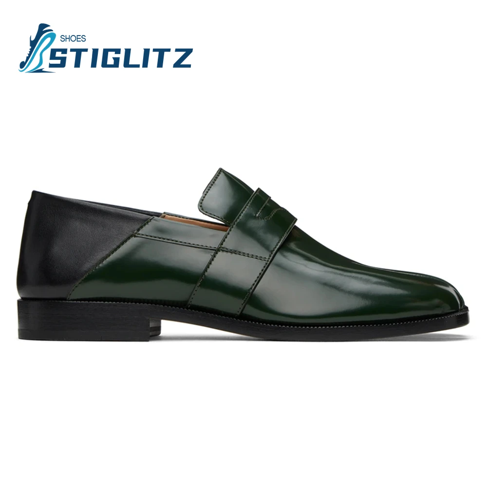 New Dark Green Genuine Leather Split Toe Shoes for Men Shallow Square Heel Slip-On Mules High Quality Formal Wear Wedding Shoes