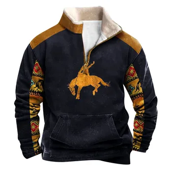 Men's Western Fleece Jacket Cowboy Bull Head Print Pullover 1/4 Zip Stand Collar Long Sleeve Country Sweatshirts Pullover Coats 5