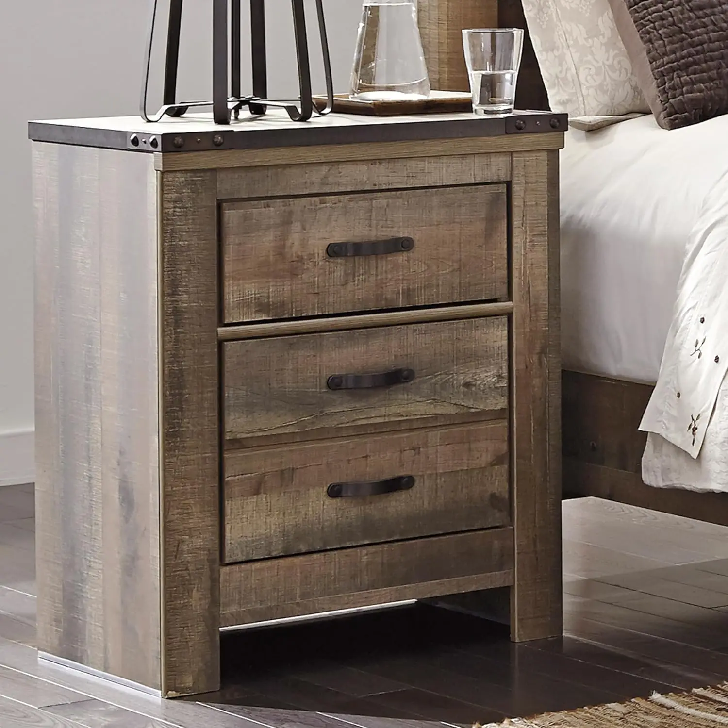 Rustic 2 Drawer Nightstand with USB Charging Stations, 29.65" Tall, Warm Brown
