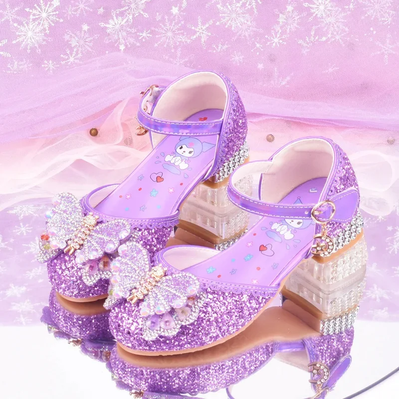 נעלי עקב גבוהות מבריקות לילדות עם קריסטלים, נעלי עור אופנתיות לשמלות וחצאיות עם תחתית גומי לעונת הקיץ