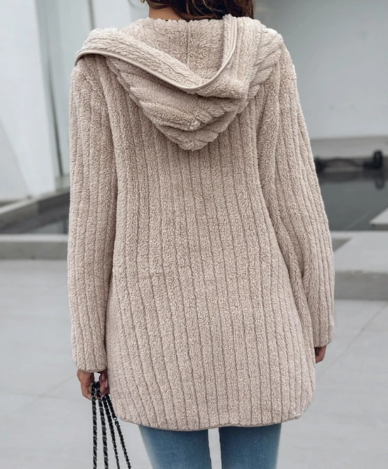 Pure Girl's Clothing Hot Selling Commuting Fashion Long Sleeved Monochrome Hooded Plush Cardigan Jacket Coat