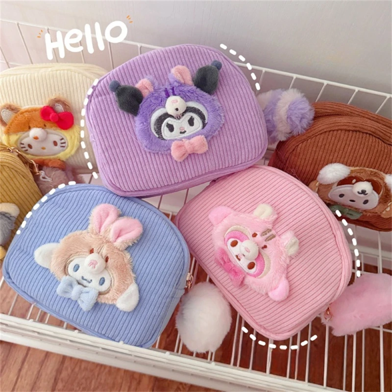 

Новинка Sanrio, косметичка с пушистым хвостом, Kuromi, японская искусственная кожа, My Melody Cinnamoroll полакко, плюшевая сумка для девушек и студенток