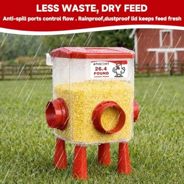 Large Chicken Feeder and Waterer Set 3.1 Gallon/26.4 Pounds, Automatic Chicken Waterer with 4 Cups and 3 Feeder Ports No Waste