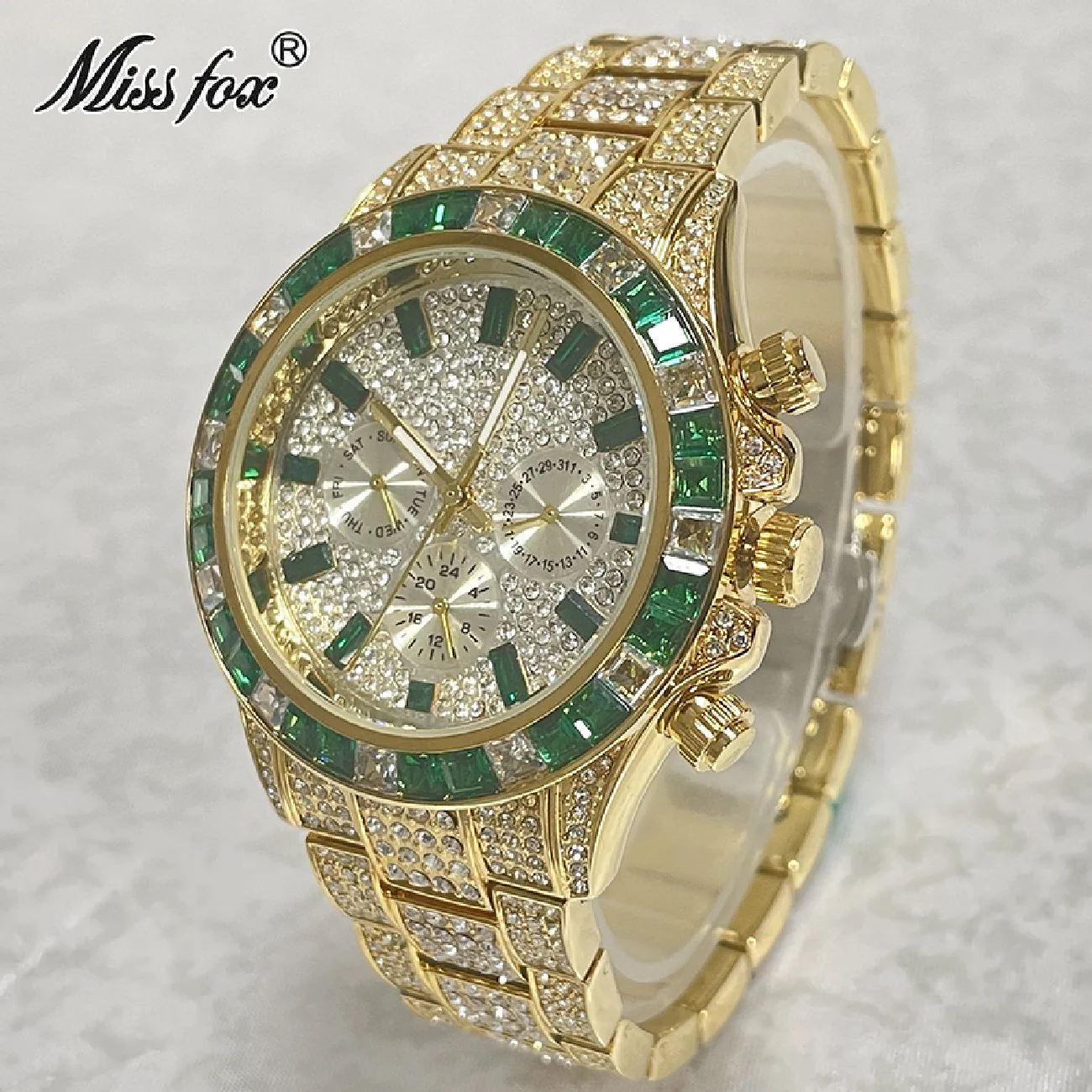 

Luxury Brand MISSFOX Green Iced Out Fashion Watches Men HipHop Gold Waterproof Wristwatch Full Diamond Male Jewelry Clocks Reloj