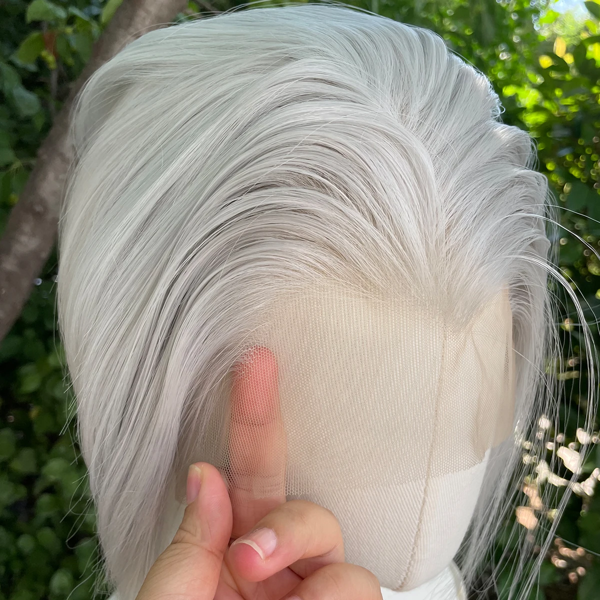 Widow‘s Peak Splittergraue synthetische Perücken für Männer, 13 x 4 Lace-Front-Perücken, kurze Bob-Schnitt-Cosplay-Perücken für Frauen, 150 % Dichte, ohne Kleber – Detail 5