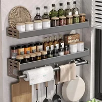 Wall Mounted Kitchen Storage Rack Space Aluminum Waterproof Household Knife Holder No Punching Required Seasoning Storage Shelf 2
