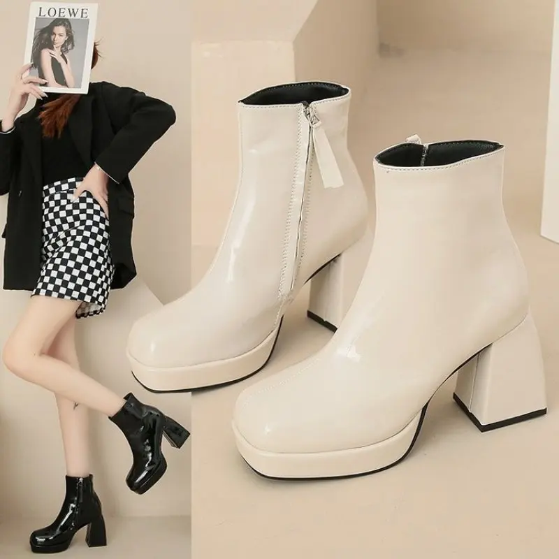 Square Toes Thick Heel Womens Fashion Boots Winter Boots Platform Boots Simple and Elegant English Style Fashion Casual