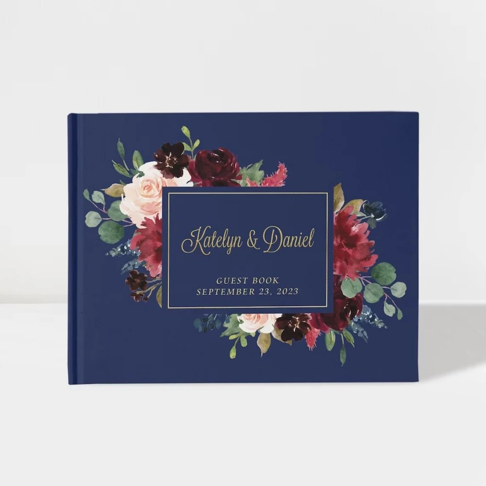 

Wedding Guest Book | Watercolor Floral | Navy and Gold | 50 Sheets of Paper | Colour Choices Available | Design: A026