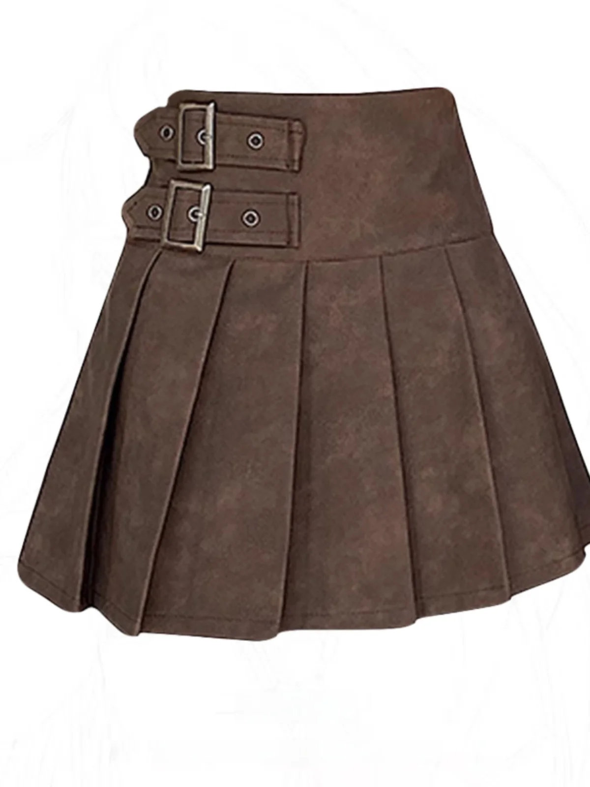 plus Size Autumn Winter Brown Pleated  Skirt High Waist Slimming A-Line Skirt Women's Faux Leather Skirt Sweet College Sle