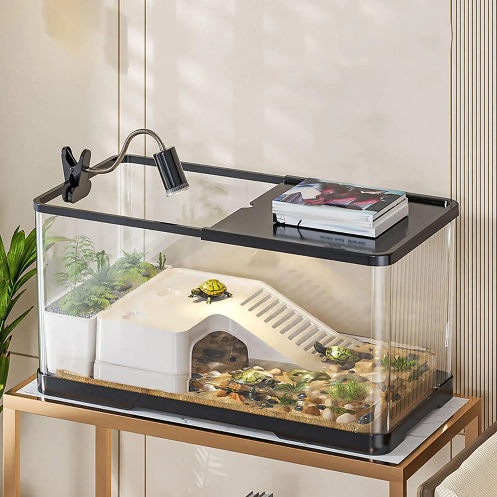 Turtle Tank Multifunction with Cover Sturdy Reptile Habitat with Basking for Frog Tortoises Leopard Amphibians Terrapin