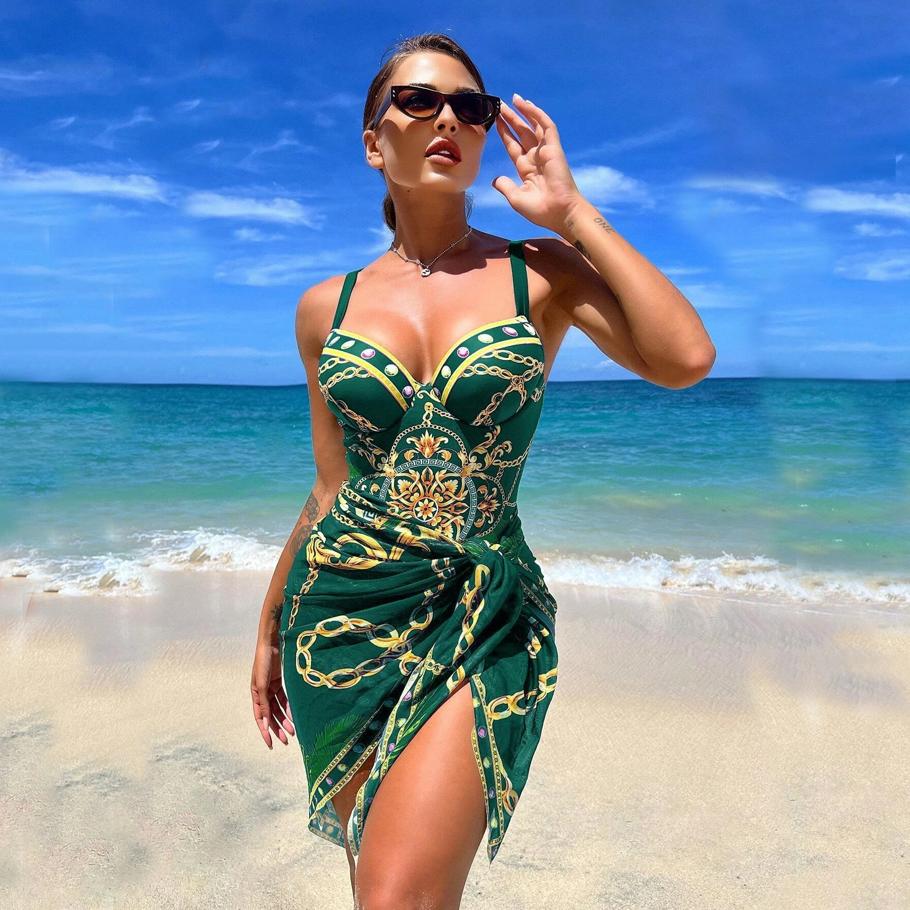 Print Push Up One Piece Swimsuit With Beach Skirt V Neck Swimwear Women Beachwear Bathing Suit Vintage Monokini Summer one piece swimsuit