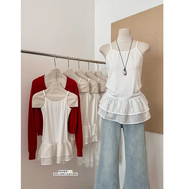 Haut Camisole blanc pour femmes, avec jupe Double couche à volants, débardeur sans manches, épissure amincissante, gilet de Base sans bretelles 1