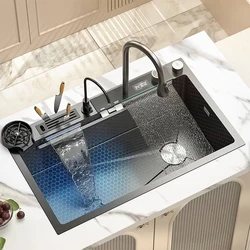 Waterfall Kitchen Sink Stainless Steel Digital Display Large Single-Slot Multifunctional Kitchen Sinks with Two Waterfall